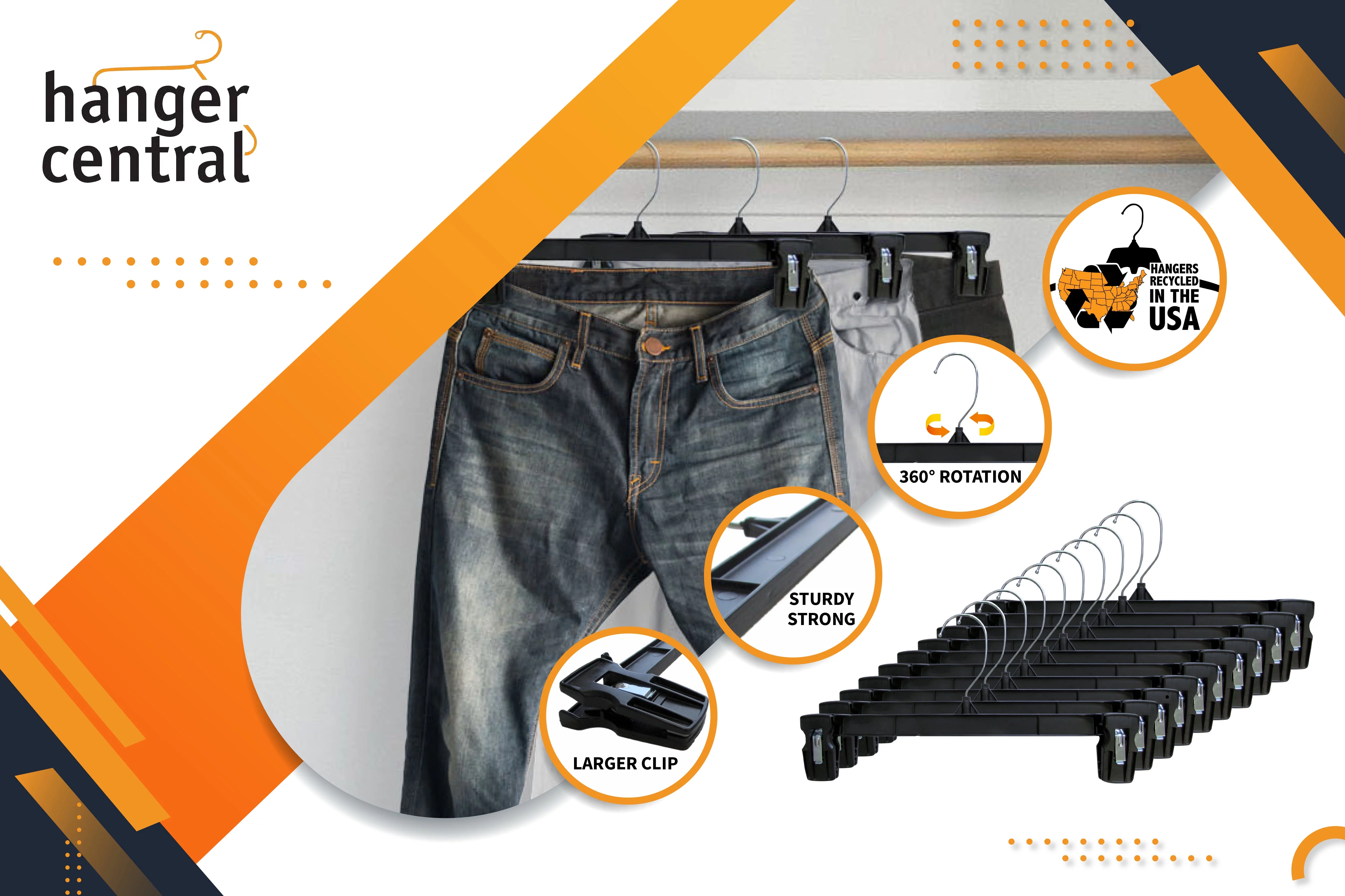 Hanger Central Plastic Pants & Skirt Hangers with Padded Pinch Clips, 10 in, 50 Pack