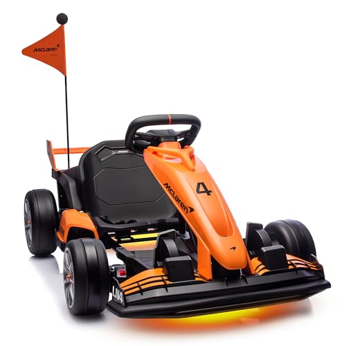 24V Kids Electric Go Kart, Licensed McLaren F1 Drift Kart Car with Dual 200W Motors, Adjustable Seat, 6 Safety Upgrades, CVT Speed Mode, Anti-Skid Tires & LED Lights for Ages 6-12 (Orange)