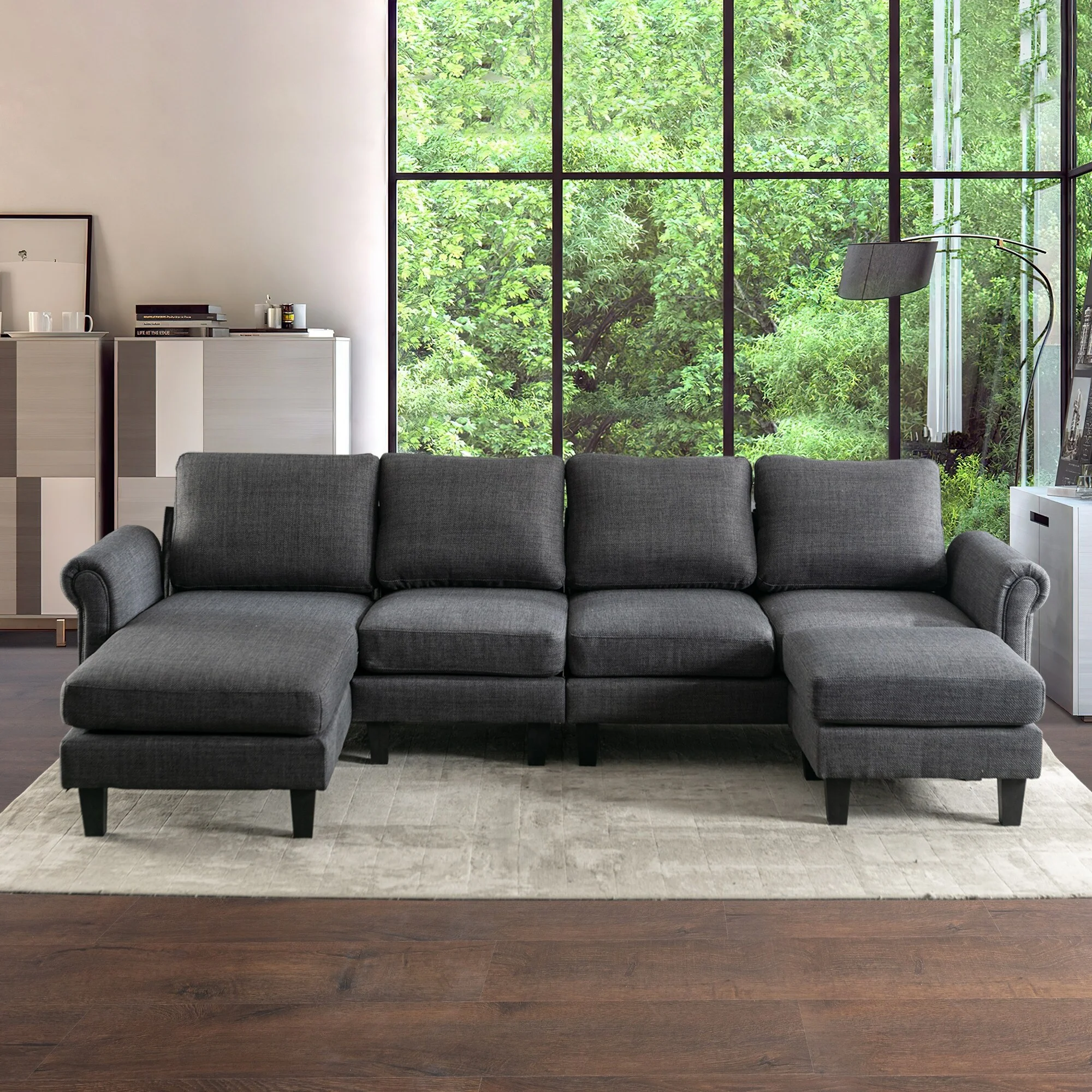 ANDEONLINE IN Contemporary Upholstered Linen U-Shaped Sectional Couch with Chaise and Ottoman Charcoal Grey