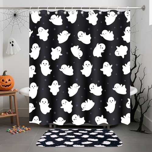 4Pcs Christmas Shower Curtain Set - Merry Christmas Bathroom Set Holiday Shower Curtain with Non-Slip Rugs, Toilet Lid Cover and Bath Mat