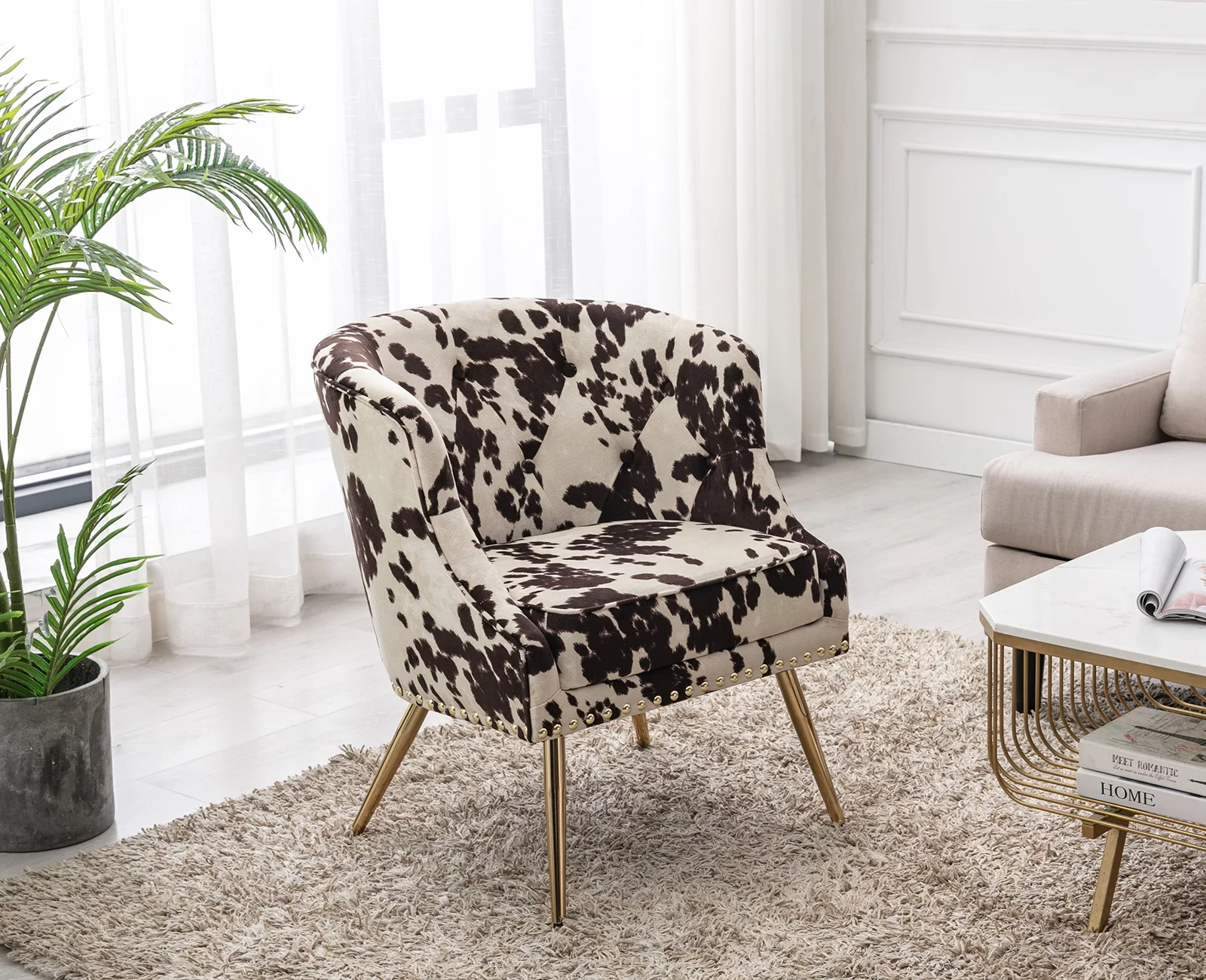 Guyou Modern Barrel Accent Chair, Velvet Curved Back Upholstered Single Sofa Club Chair with Button Tufting and Nailhead Trim for Living Room Reception Room and Bedroom, Cow