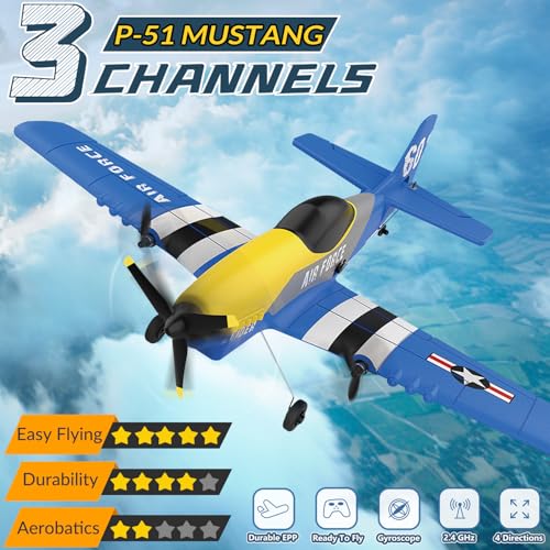 HAWK'S WORK 3 Channel RC Plane P-51D Mustang, Remote Control Airplane Ready to Fly, 2.4GHz 6-axis Gyro Stabilizer, Easy to Fly for Kids & Beginners