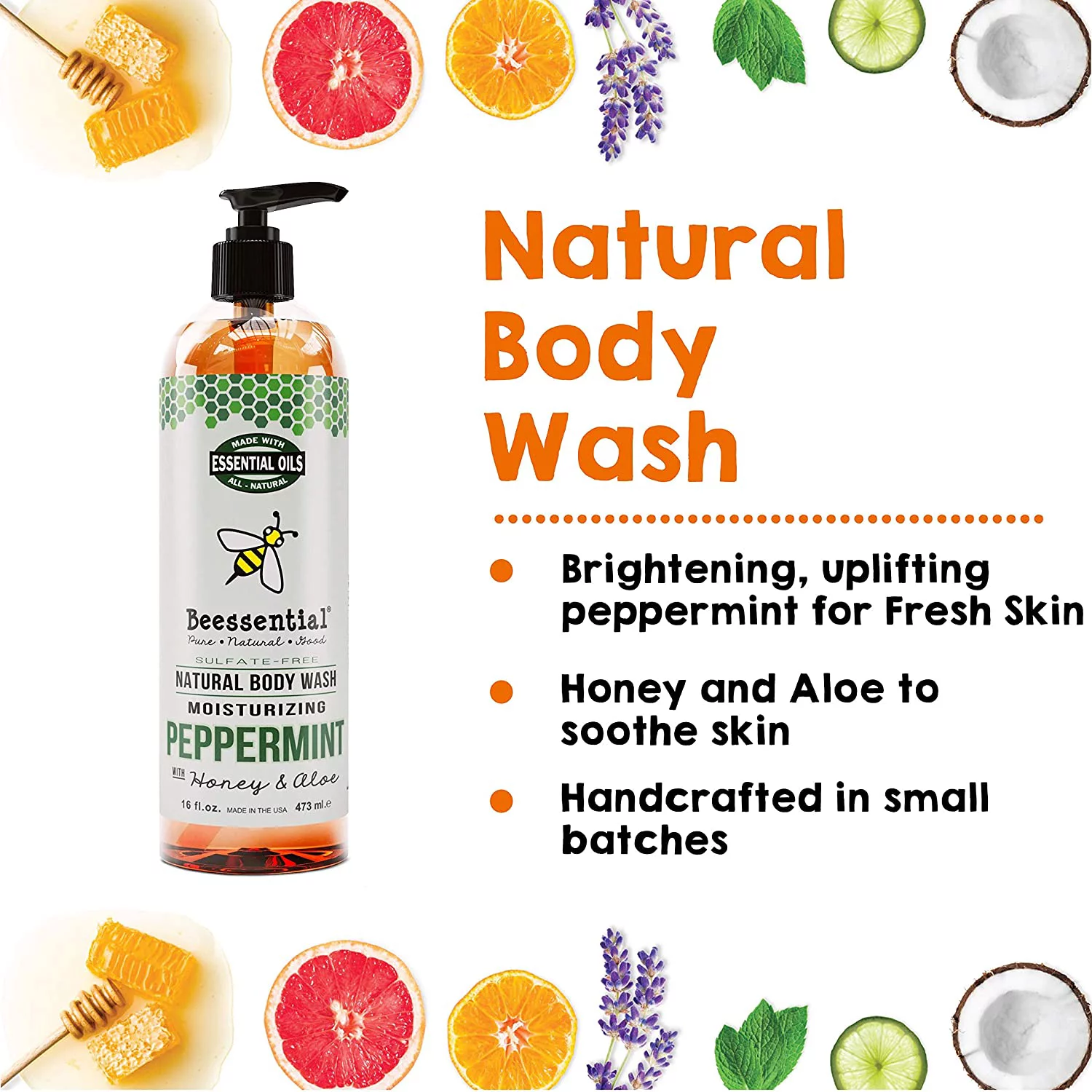 Beessential Natural Body Wash, Peppermint, Sulfate-Free Bath and Shower Gel with Essential Oils for Men & Women, 16 oz