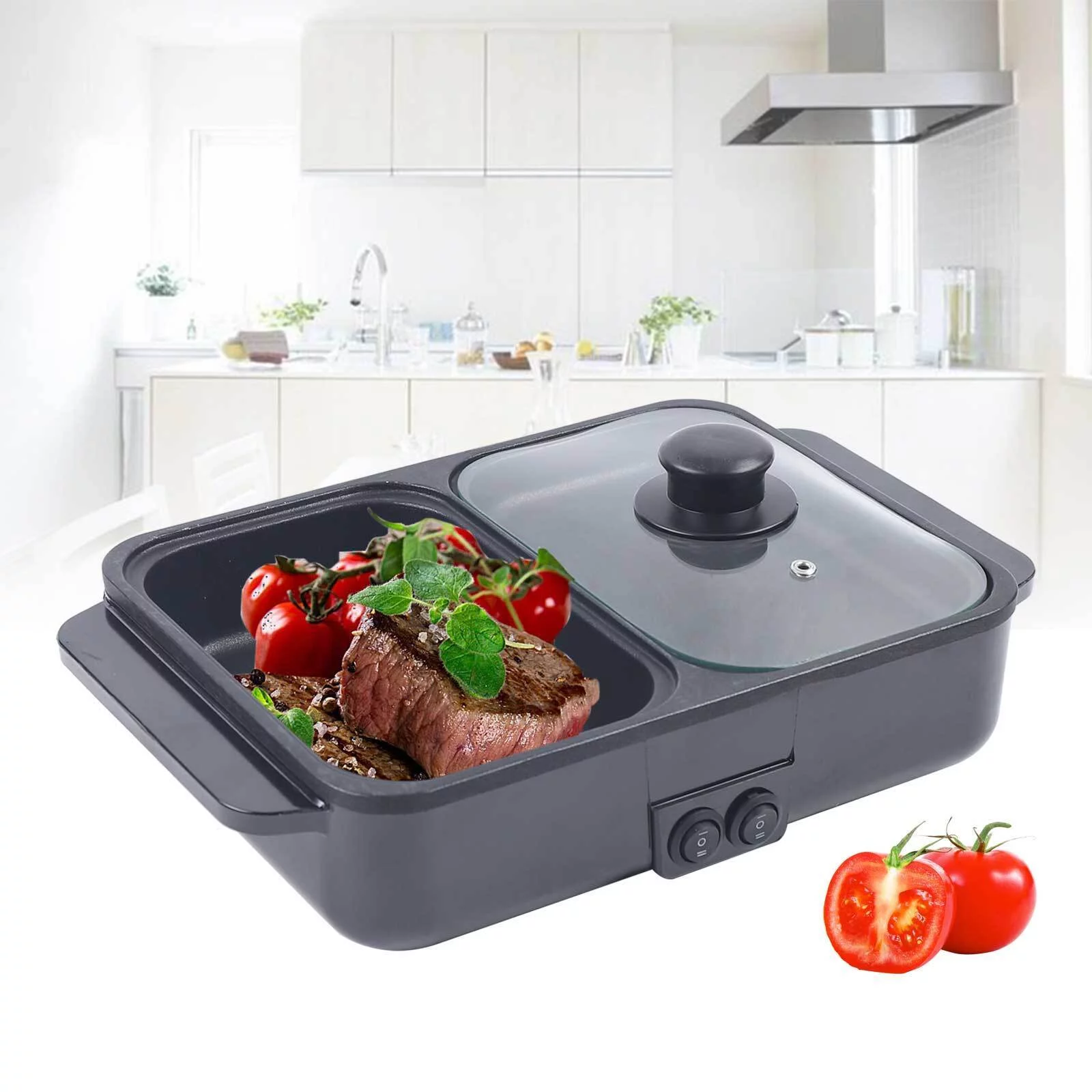 Oukaning Portable 2 in 1 Electric Hot Pot BBQ Grill Non-Stick Smokeless Baking Shabu Pan 1200W（Black）