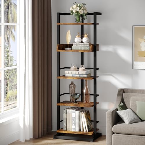 Hosfais Book Shelf Narrow Bookshelf: 5 Tier Wood Bookcase with Metal Edge Protection Industrial Modern Bookshelf Book Storage Organizer for Living Room Bedroom Home Office (Rustic Brown)