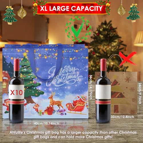 AhfuLife 12 PCS Christmas Gift Bags Assorted Sizes, Reusable Christmas Tote Bags with Handles, Include 4 Extra Large, 4 Large and 4 Medium Non-Woven Xmas Bag with Tissue Paper for Xmas Party