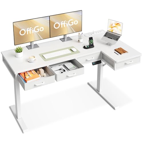 OffiGo 63 Inch L Shaped Electric Standing Desk with Drawers, Height Adjustable Large Desk with Power Outlets, Sit Stand Table, Writing Computer Desk for Home, Office, Workstation, Black