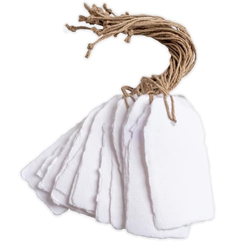 Wanderings Handmade Vintage Deckle Edge Tags with String - 3.75 x 1.75” Only - Pack of 25 - Ideal for Price or Gift Tags, Arts, Crafts, Place Cards, Name Cards - Cold Press Thick 150 GSM