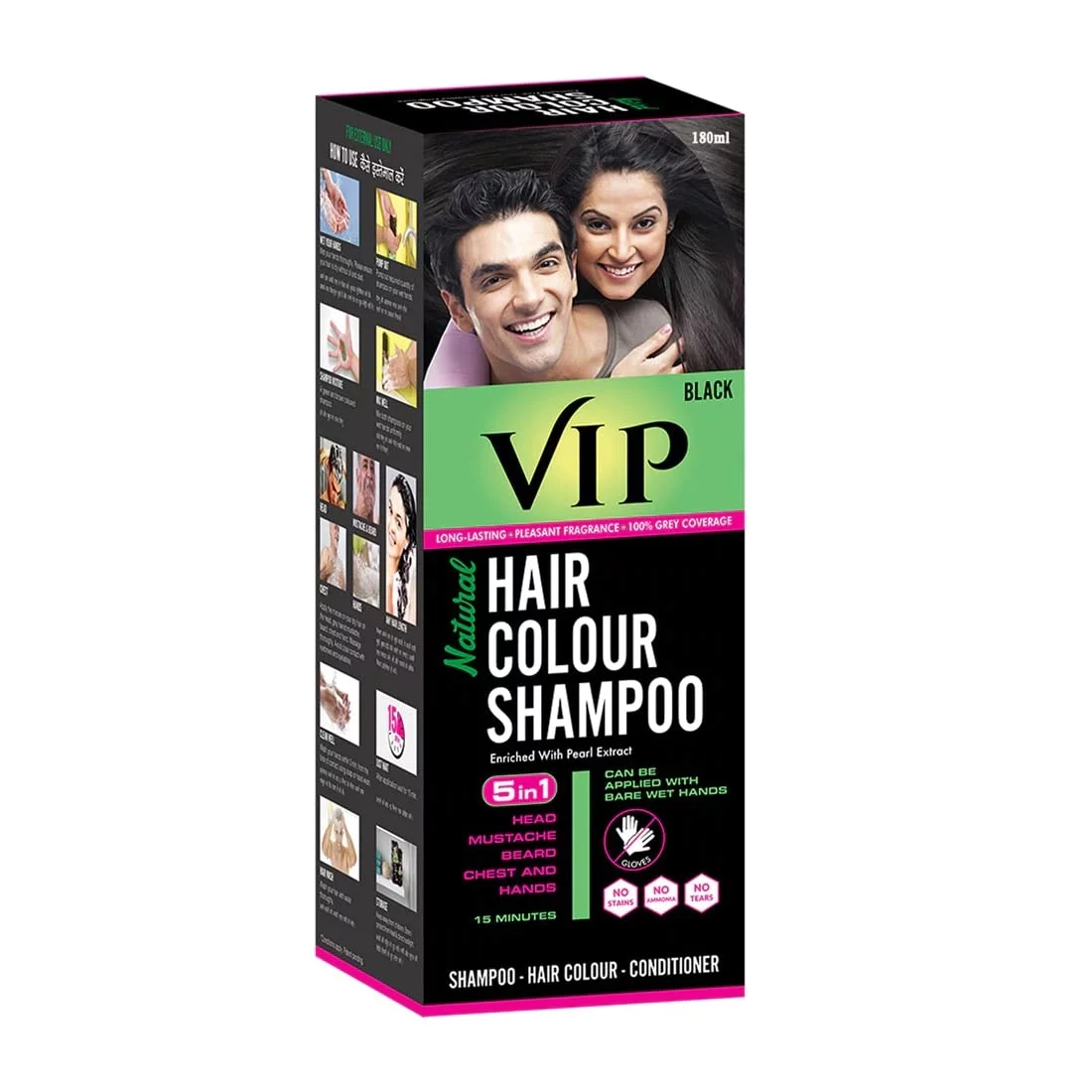 VIP Hair Color Shampoo 180ml Black for Men & Women Alternate to Hair Dye Instant Beard Color