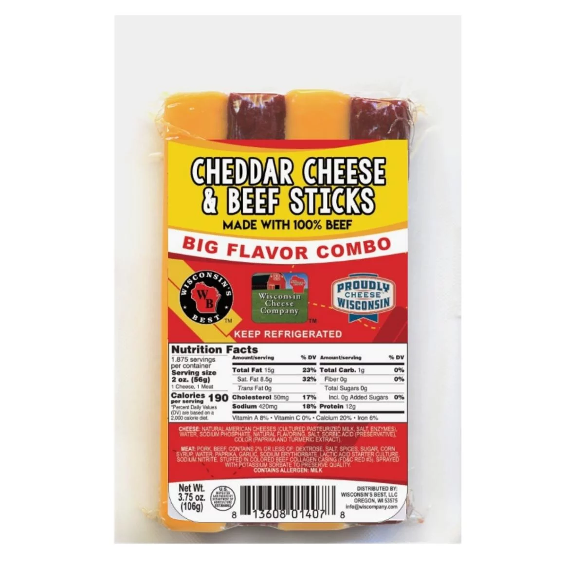 Wisconsin's Best Cheddar Cheese & Beef Sticks, 3.75 oz, 12 ct, Shelf Stable