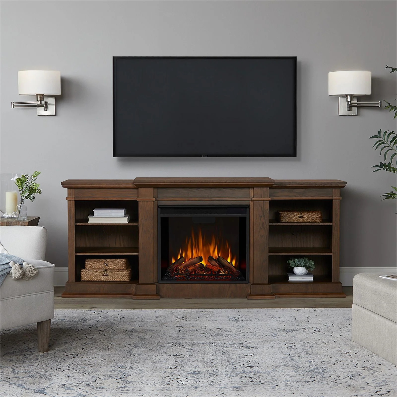 Real Flame Traditional Wood & Steel Electric Fireplace TV Stand in Heritage Oak