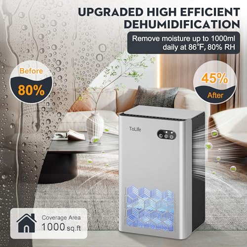 ToLife Dehumidifiers for Home 95 OZ Water Tank, 1000 sq.ft Dehumidifier for Basement Bedroom Bathroom with Auto Shut Off 7 Colors LED Light,Grey