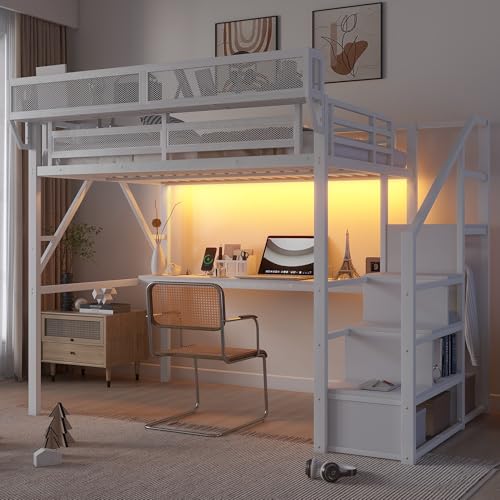 Full Size Loft Bed with Stairs and Storage, Metal Loft Bed Frame with Bedside Shelf and Large Under-Bed Space, Heavy-Duty Bed for Adults Teens and Kids, Black
