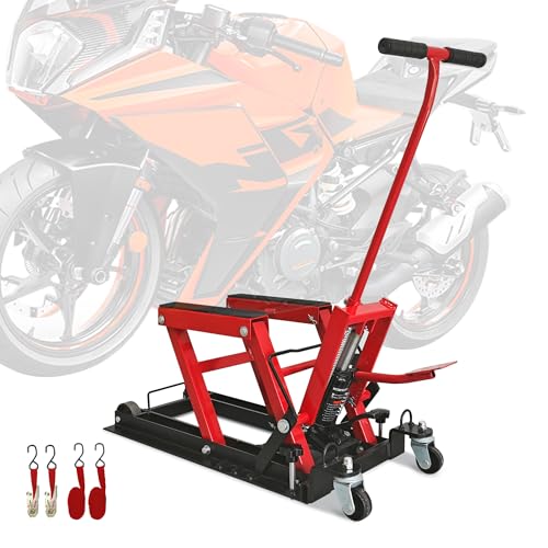 Hydraulic Motorcycle Lift Jack, 1500 LBS Capacity Motorcycle Jack Stand with Wheels and T- Bar Handle, Solid Steel ATV Jack Hydraulic Lifts for Motorcycles UTV Dirt Bike Powersports, 2 Ratchet Belts