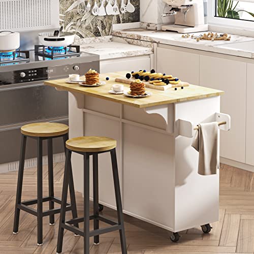 Rolling Kitchen Island with Trash Storage Cabinet, 2 Drawers, Kitchen Island with Drop Leaf, Kitchen Storage Islands Carts W/ 3 Spice Rack, Tilt Out Trash Cabinet, Island Table for Kitchen