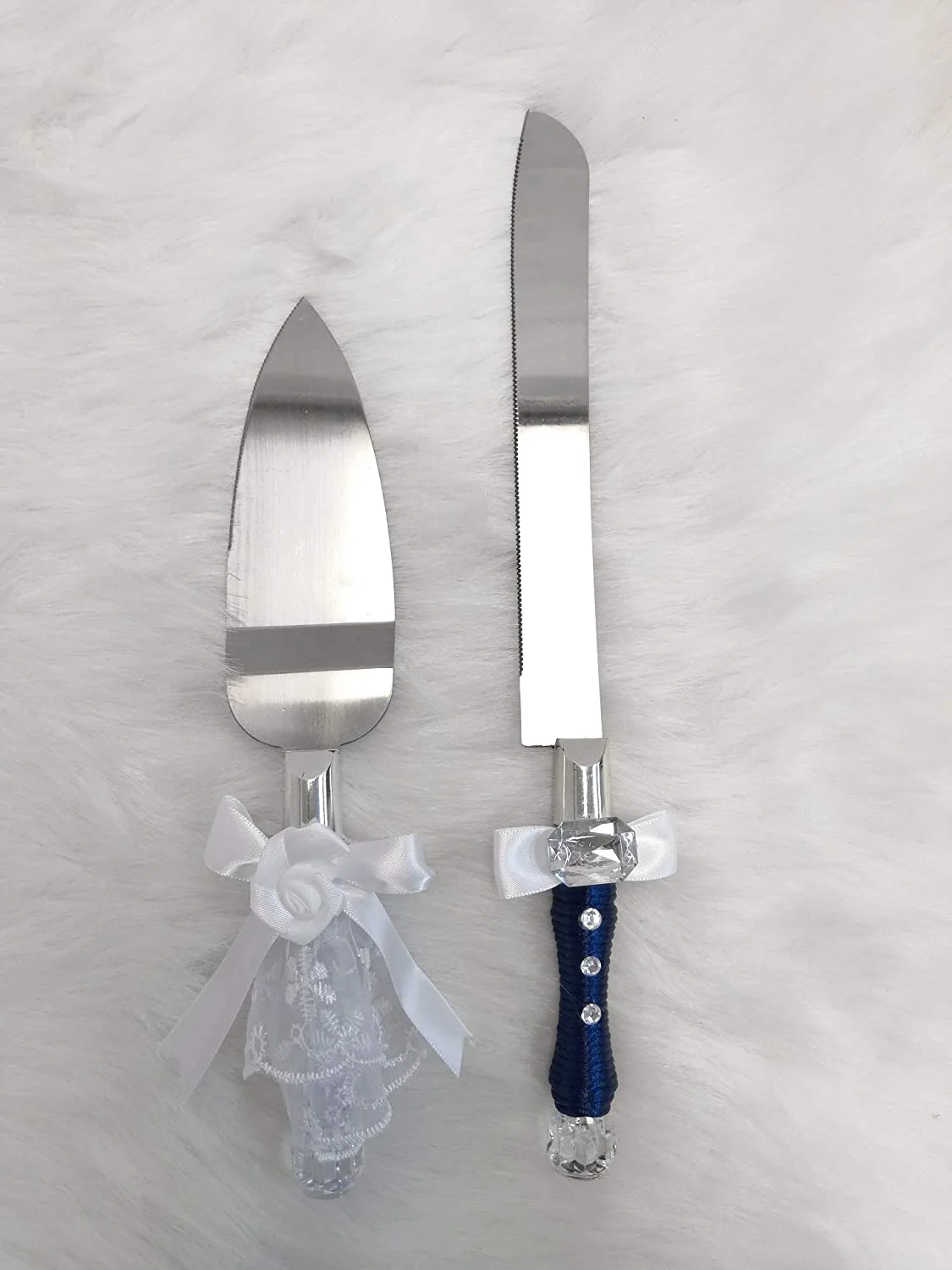 Bride And Groom Wedding Champagne Toasting Flute Glasses Mini Suit And White Dress Décor With Rhinestones, Set Of 2 (Navy Cake Knife Set)