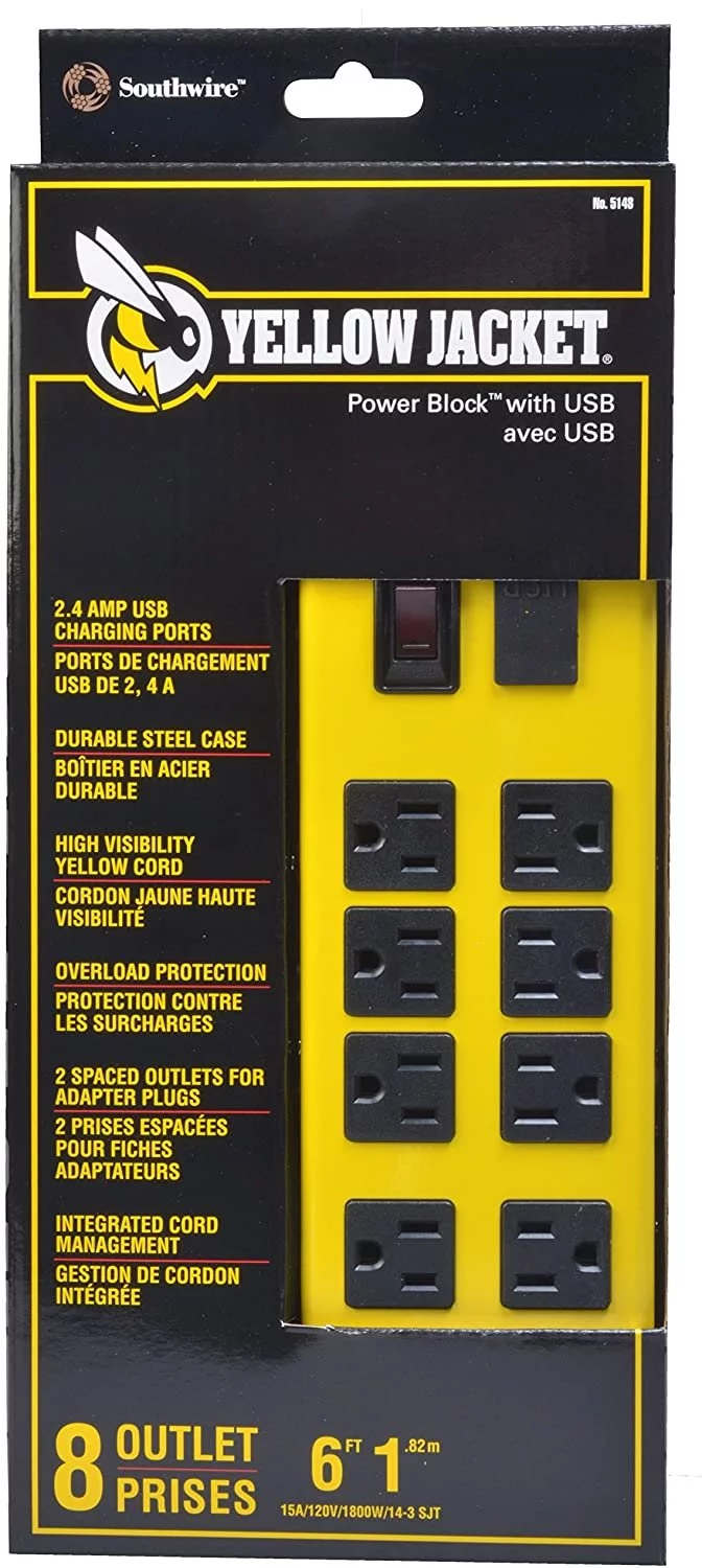 Yellow Jacket 5148 Modern 8-Outlet Metal Power Block with 2 USB Ports, Yellow