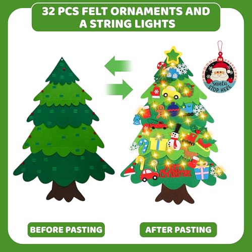 Onekka Felt Christmas Tree Set with 32 Ornaments for Kids, Xmas Gifts, 3.2ft DIY Felt Christmas Tree Wall Hanging Christmas Decorations with String Light (Batteries Not Included)