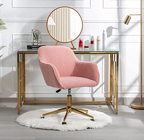 Pink Faux Fur Home Office Chair, Upholstered Elegant Desk Chair for Girls, Swivel With Gold Base, Height Adjustable Tiltable Computer Chair, Cute Makeup Vanity Chair for Kids