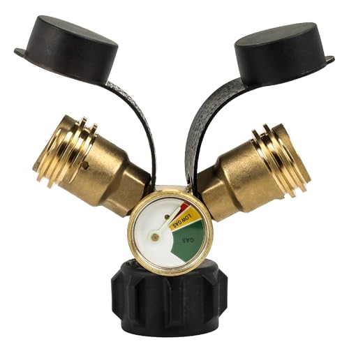BlueStars Propane Tank Y Splitter QCC/POL with Gauge and Shut-Off Valve - Propane 2 Way Splitter Adapter Fitting for Gas Grills, Heaters, Camping Stoves, BBQ Griddles, Gas Burners, Heaters