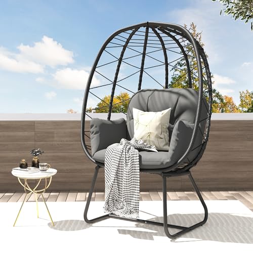 DWVO Egg Chair Patio Rattan Chair with Stand Anti-Slip All-Weather Poratble Adjustable Chair Feet Wicker Egg Lounger Chair for Indoor Outdoor 330LBS (Beige)