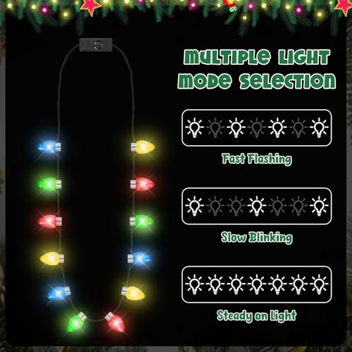 4 PCS Christmas Party Favors, 3 Modes Light Up Christmas Necklace with 12 Glow Bulbs, LED Christmas Light Necklace, Colorful Xmas Bulb Necklaces Decor for Ugly Sweater New Year Family Party Supplies