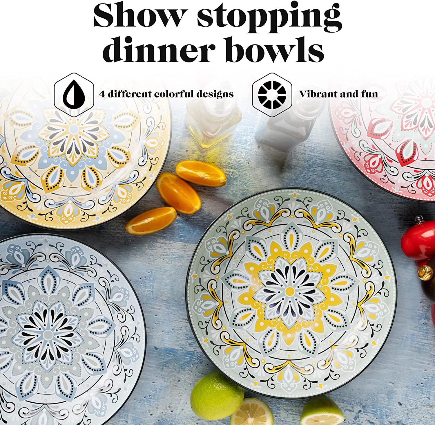 American Atelier Large Pasta Bowls Set of 4, 9-inch, Serving Dinner Plates, Wide and Shallow Bowls Set for Pasta, Salad, Soup, Spaghetti, or Stews, Assorted Colors Medallion Motif