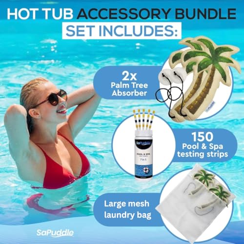 Hot Tub Scum Absorber Palm Tree Scum Absorber for Spa Hot Tubs - 2-Pack Scum and Oil Absorbing - Washable with 150 Water Test Strips - Keeps Your Hot Tub Sparkling Clean