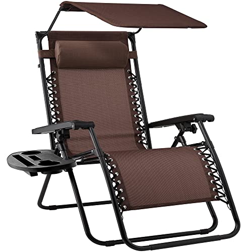 Best Choice Products Folding Zero Gravity Outdoor Recliner Patio Lounge Chair w/Adjustable Canopy Shade, Headrest, Side Accessory Tray, Textilene Mesh - Beige