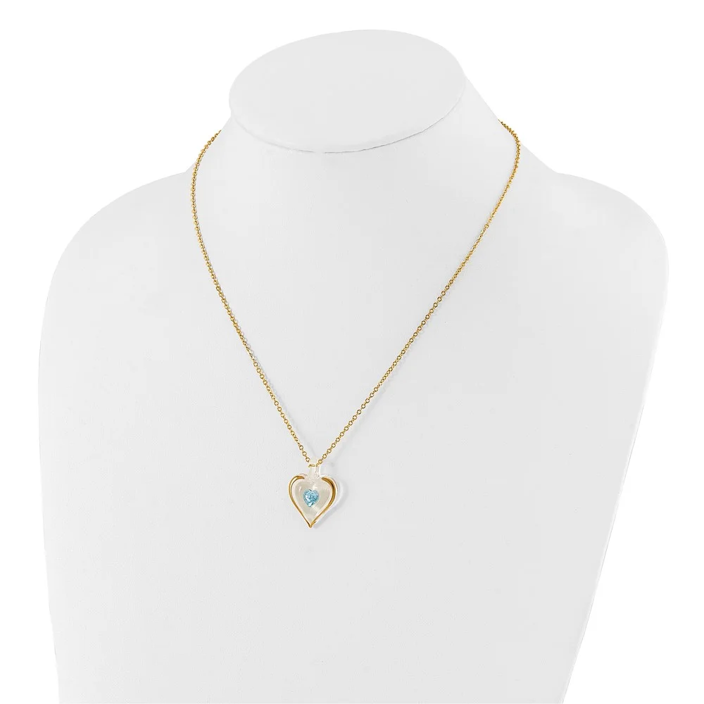 Glass Baron 22K Accent Gilding Gold-trim Glass with Blue March Birthstone Crystal from Swarovski Heart 18 inch Gold-tone Necklace GM9402