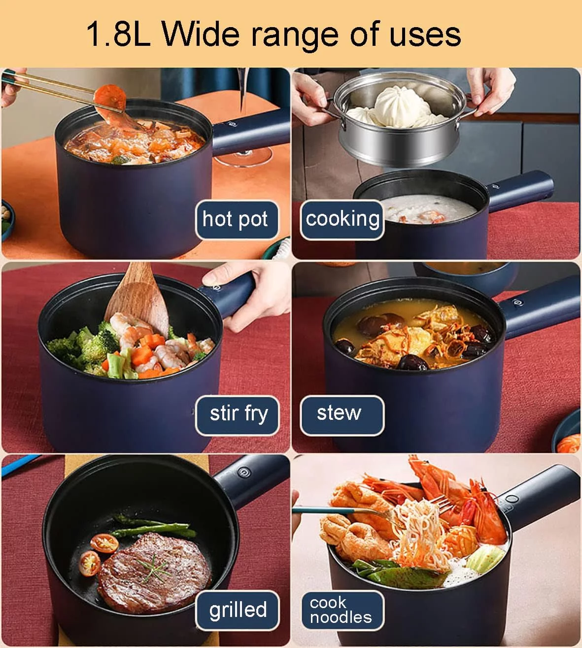 Electric Hot Pot,1.8L Household Rapid Noodles Cooker, Electric Cooker,Multifunctional Cooking Pot，Frying Pan,Mini Steamer,Non-Stick Casserole (Pot, Green)