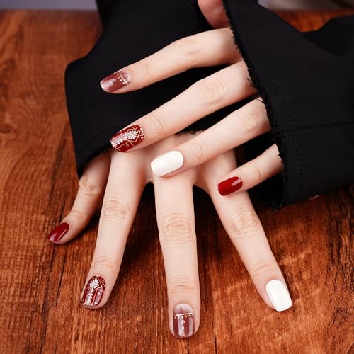 DANNI & TONI Semi Cured Gel Nail Strips Christmas Santa Claus Snowflakes Cat Eye Gel Nail Wraps 28 Stickers | Mistletoe Meow