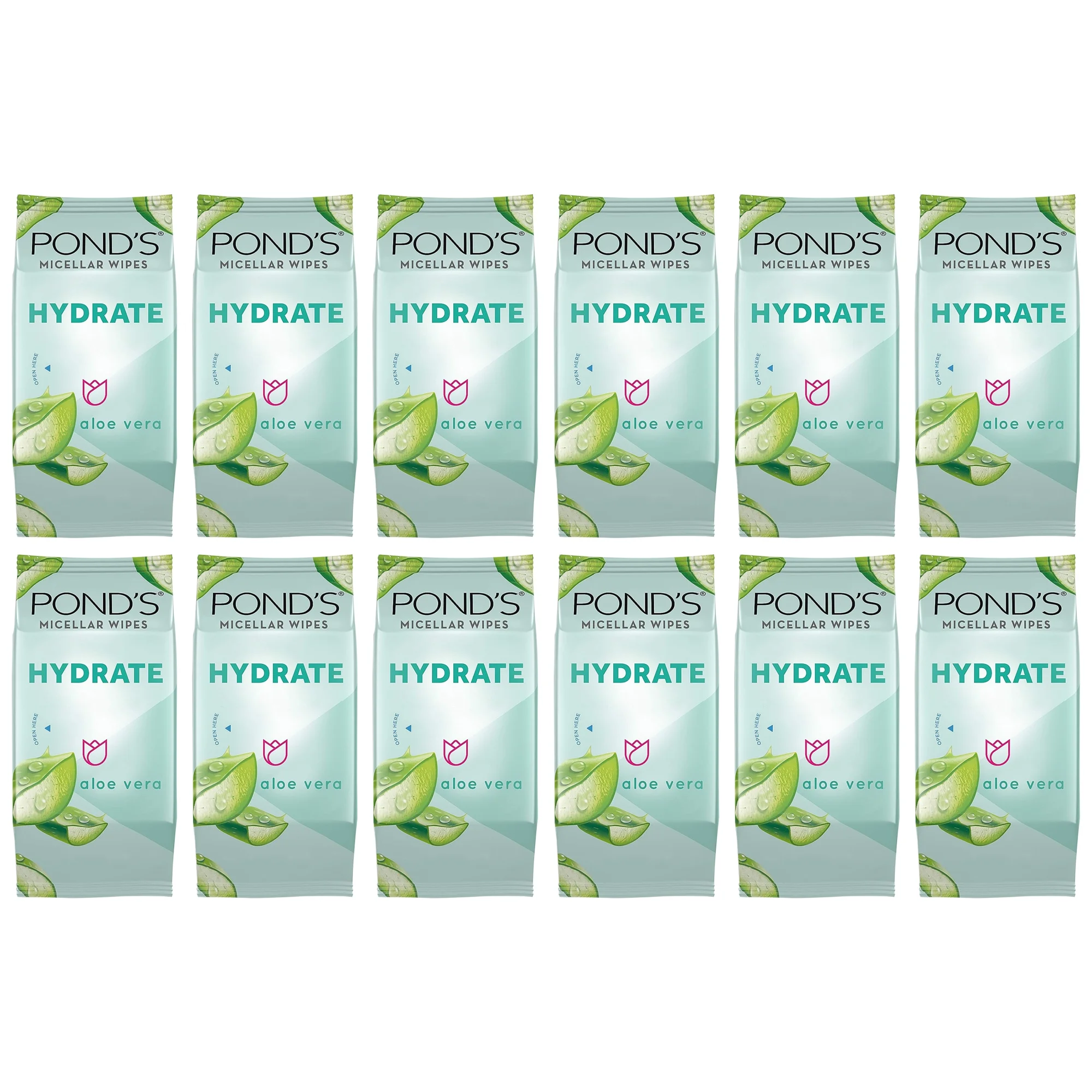 Pack of (12) Ponds Vitamin Micellar Wipes For Dry Skin Hydrate Aloe Vera Removes Waterproof Makeup 25 Wipes