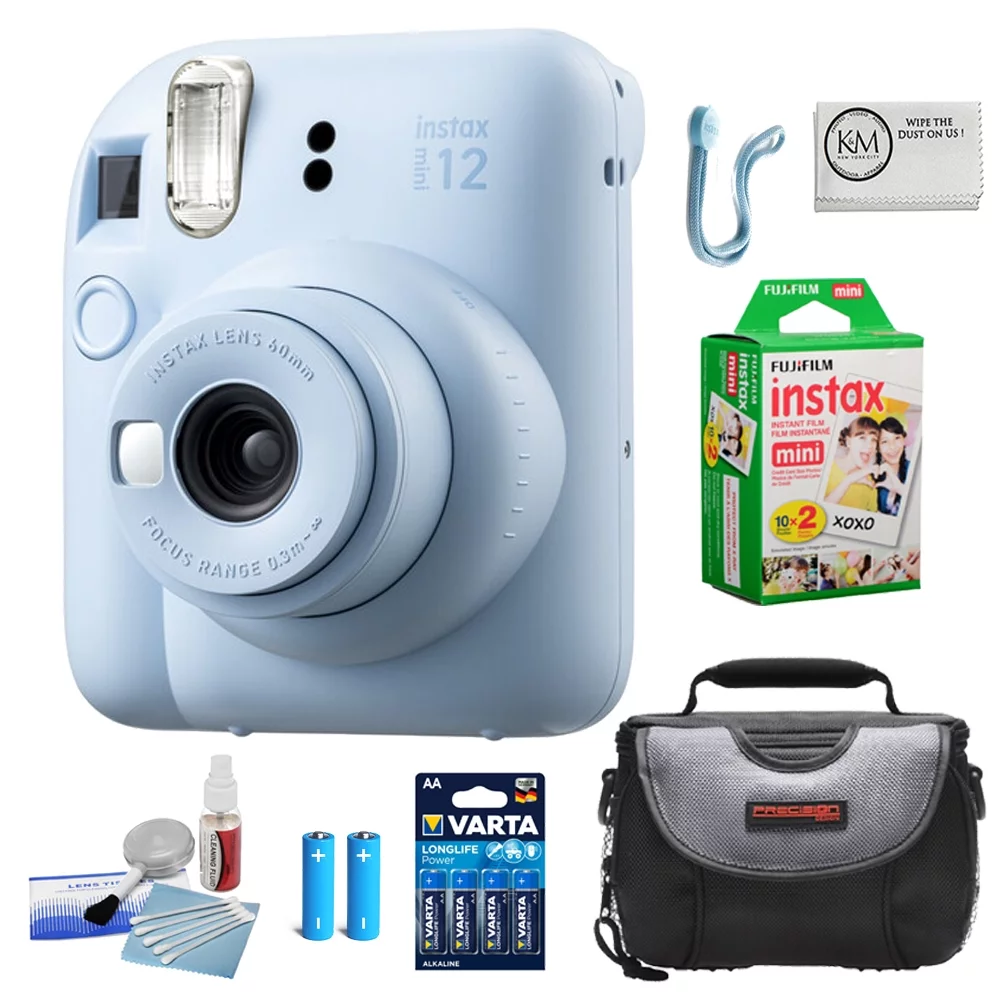 FUJIFILM INSTAX MINI 12 Instant Film Camera |Pastel Blue Bundled with INSTAX Mini Instant Film |20 Exposures +Camera Case + Batteries |4 Pack + Lens Cleaning Kit + Microfiber Cleaning Cloth (6 Items)