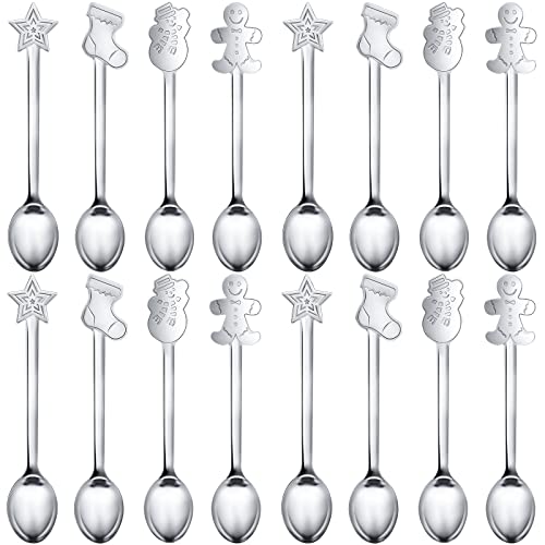 Skyley 32 Pieces Christmas Spoon Set Hot Chocolate Stirring Creative Stainless Steel Coffee Tea Soup Dessert for Drink Mixing Milkshake, 4 Styles, Silver
