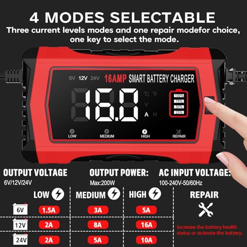 16 Amp Battery Charger, Car Battery Charger 6V 12V 24V Lithium,Lifepo4,Lead-Acid(AGM/Gel/SLA..),Battery Maintainer, Trickle Charger, and Battery Desulfator for Car,Boat,Motorcycle…