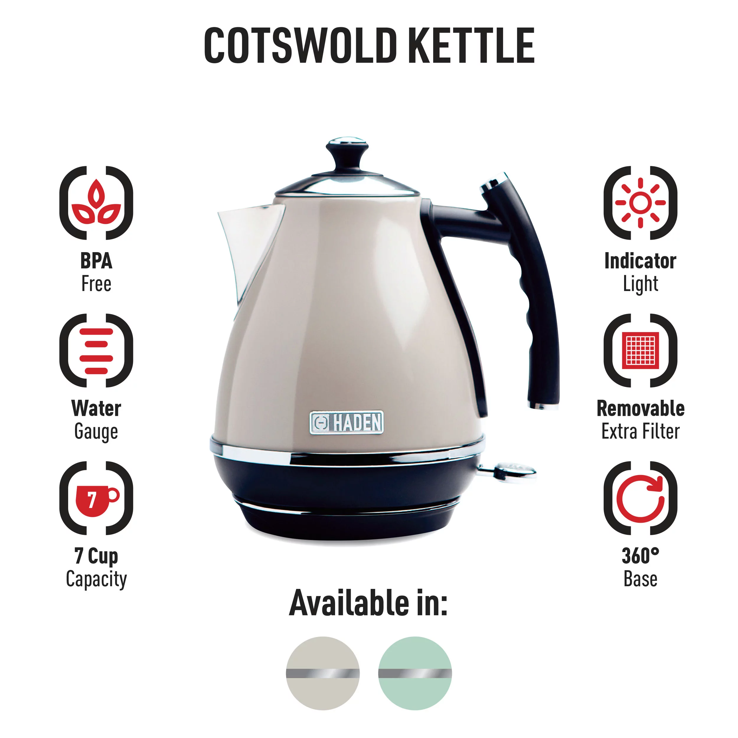 HADEN Cotswold 1.7 Liter Stainless Steel Body Retro Electric Kettle, Putty Beige
