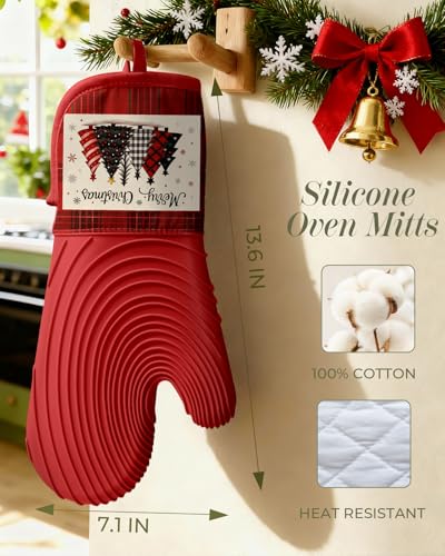 Slohif Long Silicone Oven Mitts Heat Resistant for Women - 2 Pcs Christmas Tree 100% Cotton Oven Gloves, Non-Slip and Waterproof Silicone Oven Mitts with Hanger for Baking and Cooking