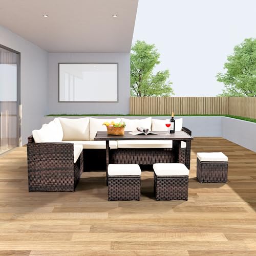 Patio Furniture Set, 7 Pieces Outdoor Patio Furniture with Dining Table&Chair, All Weather Wicker Conversation Set with Ottoman,Grey (Include Sofa Dust Cover)