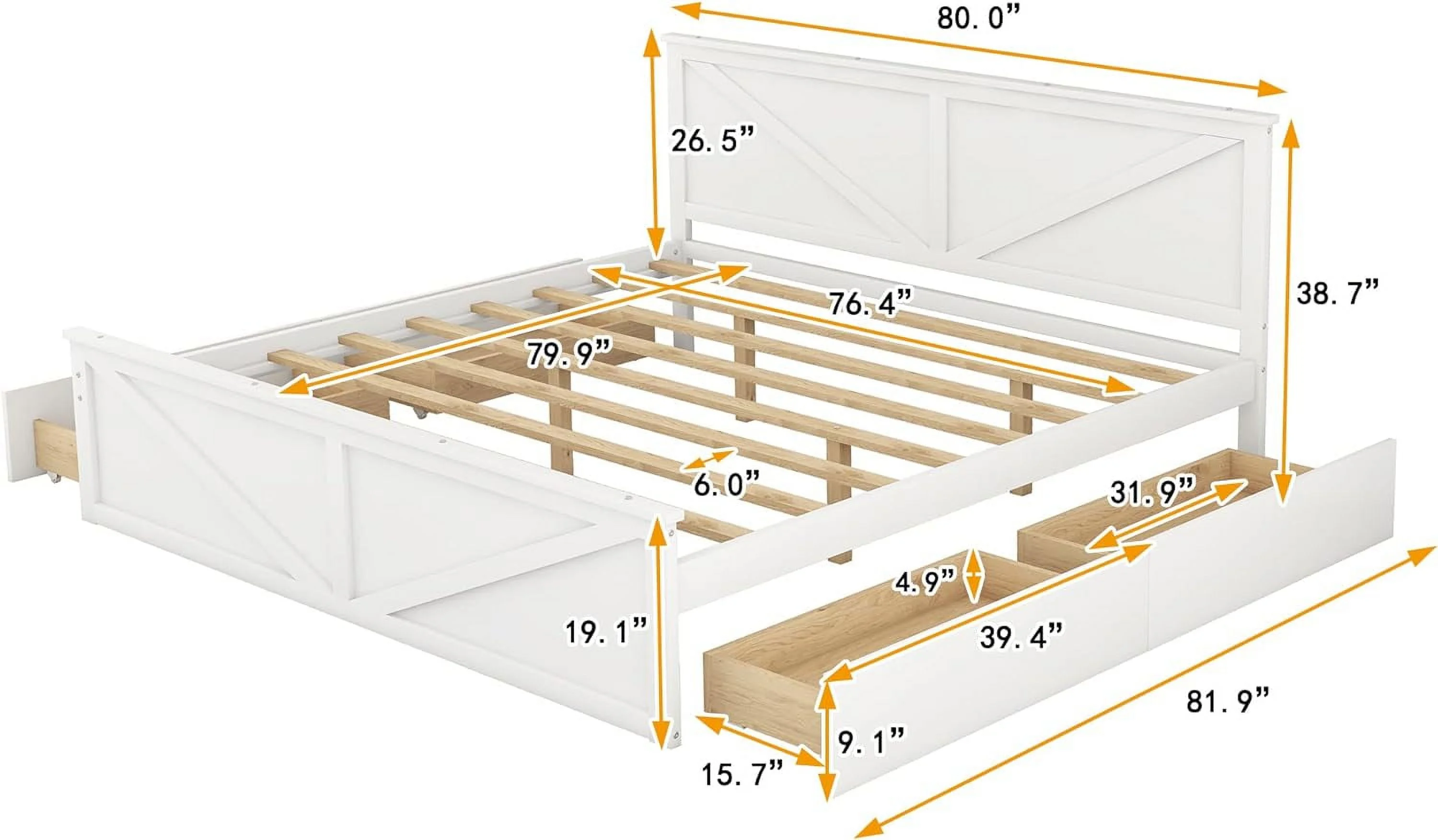 Kig Size Platform Bed, Woode Platform Bed Frame With 4 Storage Drawers Ad Support Legs, o Box Sprig eeded, White