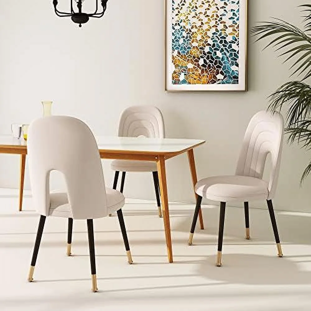 KHBIULIFE Leona Modern Velvet Beige Dining Chairs Upholstered Performance Velvet Dining Chair with Black Gold Legs