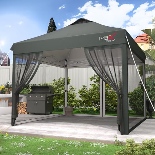 Outdoor Gazebo 10x10 with Mosquito Netting, Pop Up Canopy Tent for Camping, Backyard, Party, Screen Tent with 2 Zipper Doors, Foldable Patio Gazebo with Roller Bag and 4 Sandbags