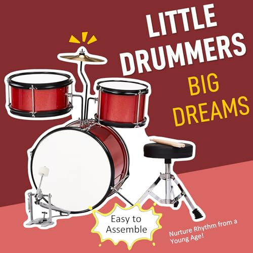 Ktaxon 3-Piece Kids Drum Set, 14 Inch Beginners Drums Kit with Throne Stool, Pedal & 2 Pairs of Drumsticks, Junior Drums Set Musical Instruments W/Cymbal, Tom, and Snare Drum (Black)