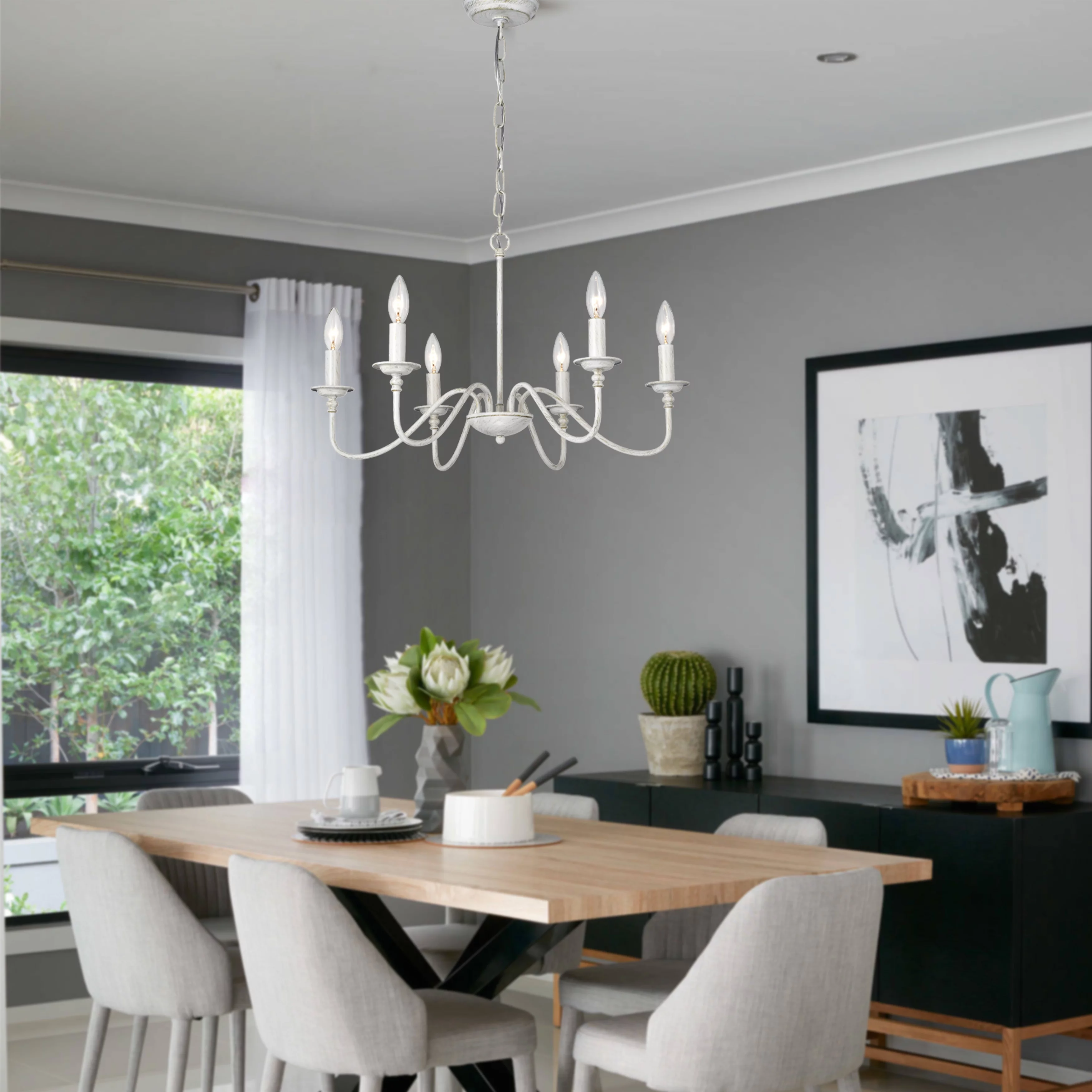 Modern Farmhouse Chandelier Classic Candle Hanging Pendant Ceiling Light Fixtures 6-Light White Chandelier Industrial Iron Chandelier Light Fixture