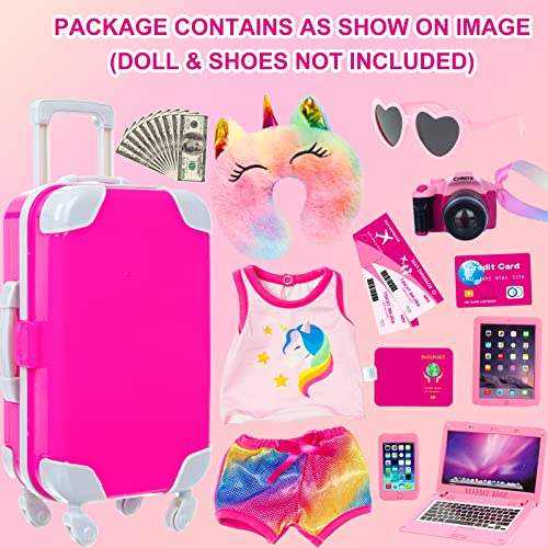 23 Pcs American 18 inch Doll Clothes and Accessories - Suitcase Luggage , Pillow, Sunglasses, Camera, Passport, Mobile Phone , Computer Doll Travel Gear Play Set (No Doll)