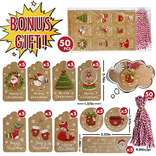 Christmas Gift Bags 24 Pack, Christmas Kraft Paper Bags Bulk with Handles 24 Styles, Assorted Sizes Bag Set with 50 Tags, Xmas Holiday Paper Bag & Goody Bags, Favor Bags (8 large, 8 Medium, 8 Small)