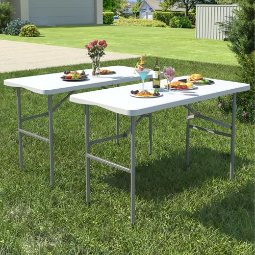 Foldable Table 6ft, Plastic Folding Table, Portable Heavy Duty Dining Table with Lock Function & Carrying Handle, Outdoor Indoor Foldable White Table for Camping Party Picnic