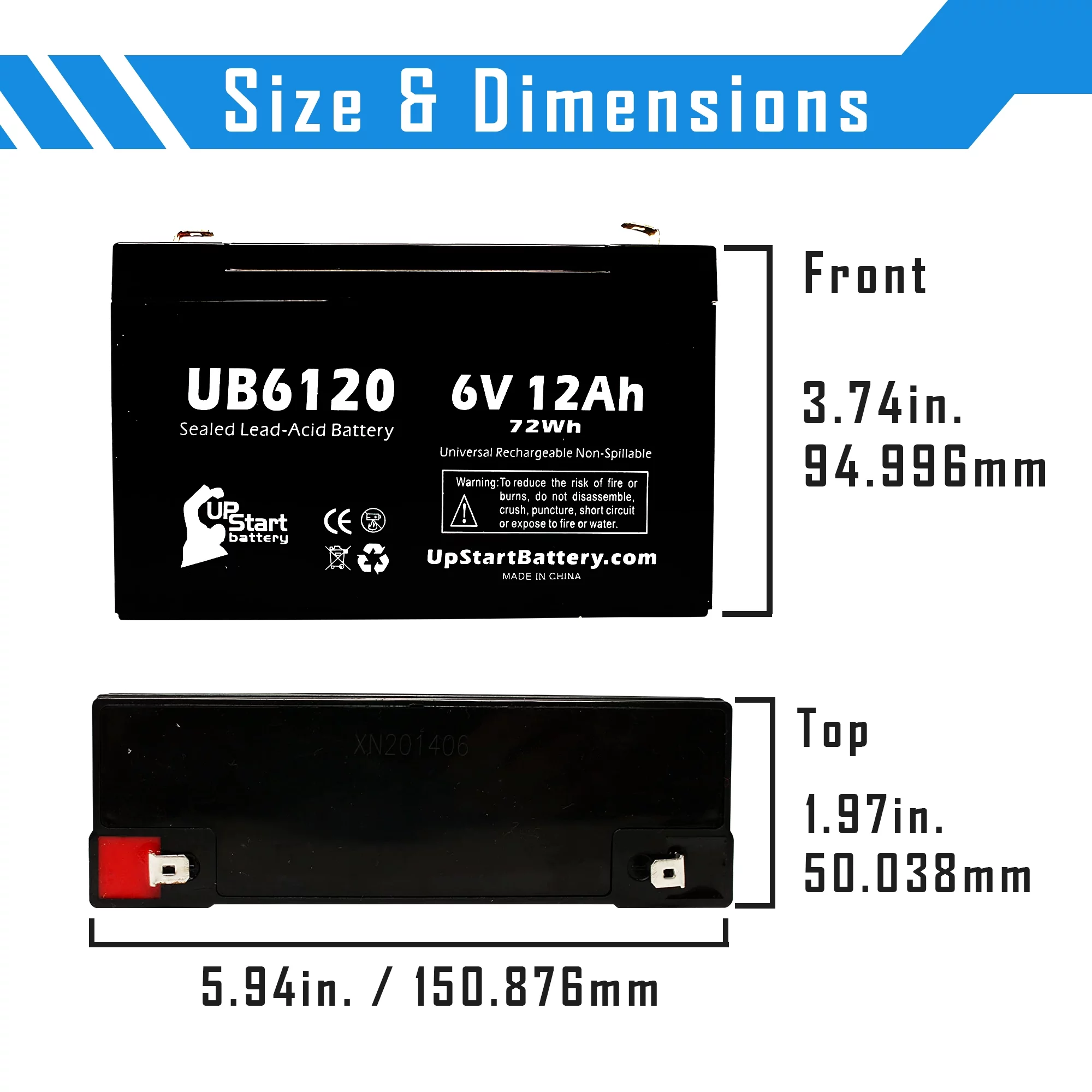 5x Pack - Compatible W. W. GRAINGER 5VC09 Battery - Replacement UB6120 Universal Sealed Lead Acid Battery (6V, 12Ah, 12000mAh, F1 Terminal, AGM, SLA) - Includes 10 F1 to F2 Terminal Adapters
