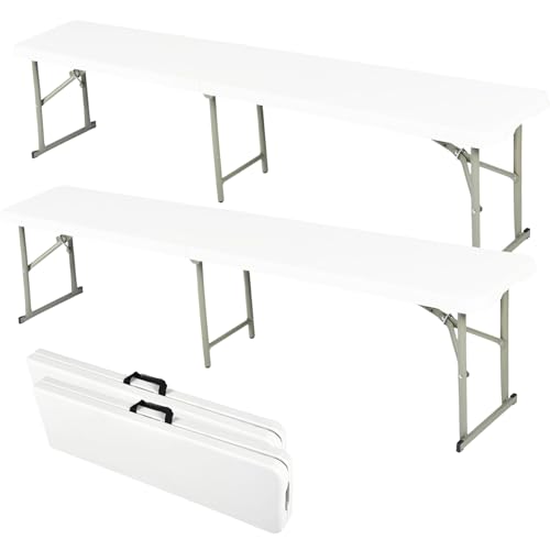FurnitureR 6FT Folding Bench with Carry Handle, Plastic Rectangular Fold-in-Half Benches with Metal Legs, Indoor and Outdoor Picnic Party Camping Dining Seat, No Assembly Required, 2 Pack, White