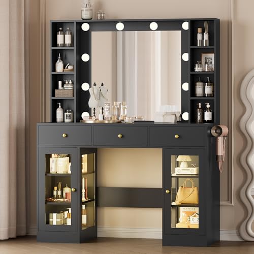 Makeup Vanity Desk with Mirror and Lights, White Vanity with Glass Top, LED Lights & Power Outlet, 3 Drawers & 2 RGB Glass Cabinets, Adjustable Lighted Dressing Table for Women & Girls Bedroom